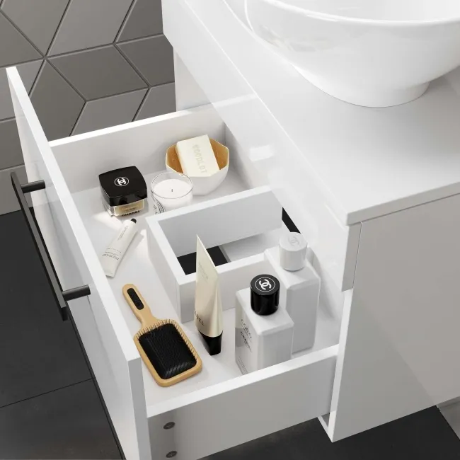 Avon Gloss White Wall Hung Drawer Vanity with Oval Counter Top Basin 600mm - Black Accents