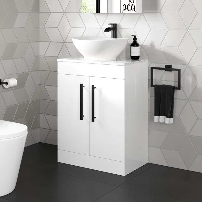 Avon Gloss White Vanity with Marble Top & Oval Counter Top Basin 600mm - Black Accents