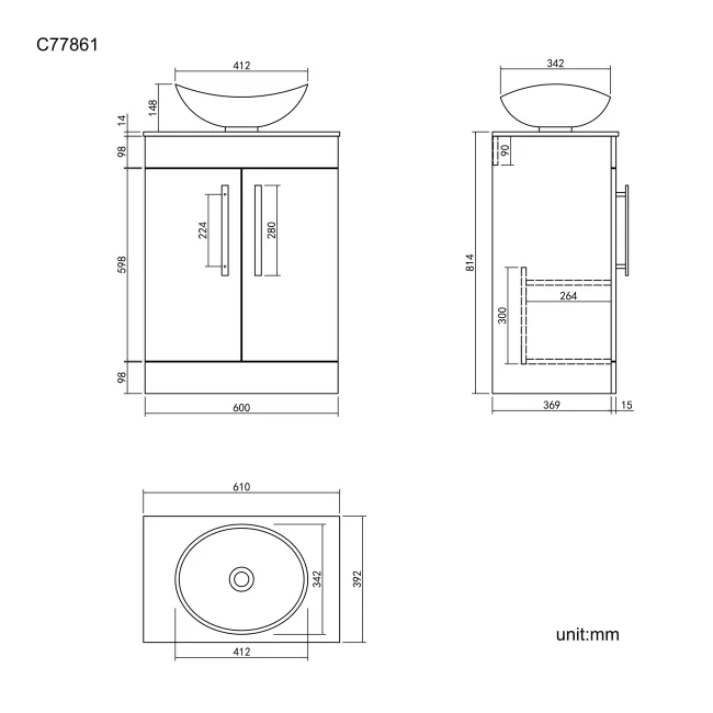 Avon Gloss White Vanity with Marble Top & Oval Counter Top Basin 600mm - Black Accents