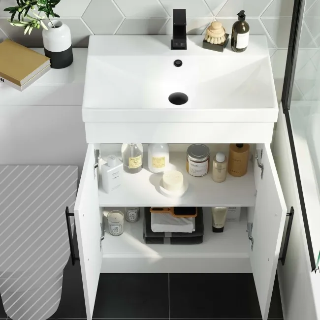 Avon Gloss White Basin Vanity and Back To Wall Unit 1100mm - Black Accents