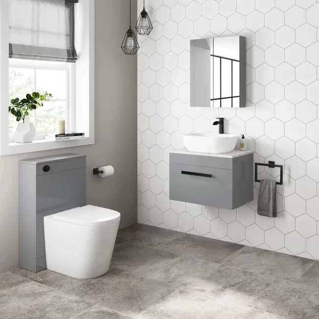 Avon Stone Grey Wall Hung Drawer Vanity with Marble Top & Curved Counter Top Basin 600mm - Black Accents