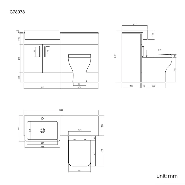 Harper Stone Grey Combination Vanity Basin and Atlanta Toilet 1200mm - Black Accents