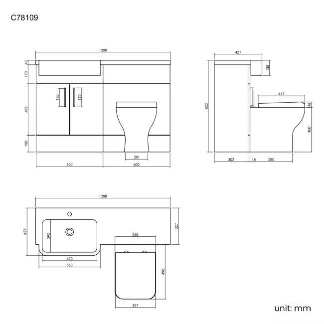 Harper Charcoal Elm Combination Vanity Basin and Atlanta Toilet 1200mm - Black Accents - Left Handed