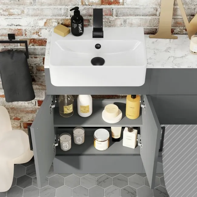 Harper Stone Grey Basin Vanity with Marble Top & Back To Wall Unit 1000mm - Black Accents