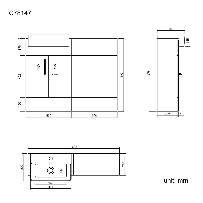 Harper Charcoal Elm Basin Vanity and Back To Wall Toilet Unit 1000mm - Black Accents