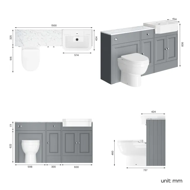 Monaco Dove Grey Combination Vanity Traditional Basin with Marble Top and Seattle Toilet 1500mm