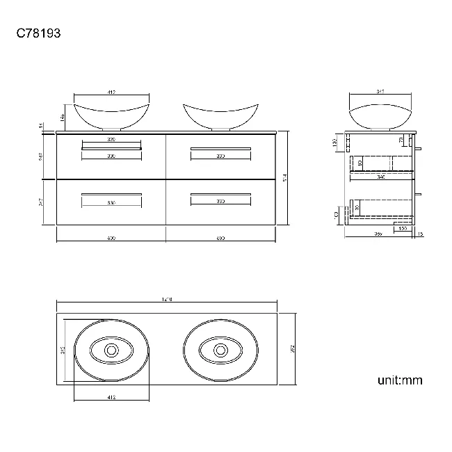Elba Charcoal Elm Double Wall Hung Drawer Vanity with Marble Top & Oval Counter Top Basin 1200mm - Black Accents