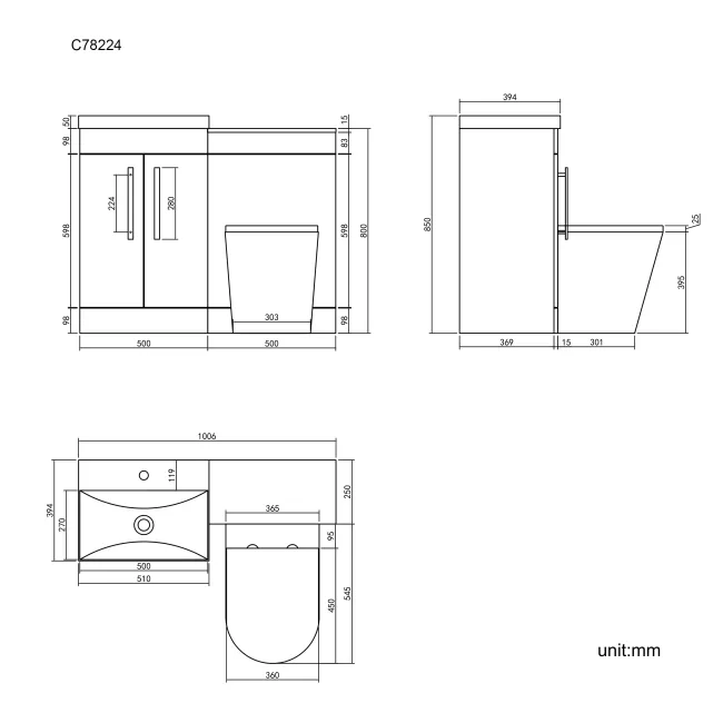Avon Gloss White Combination Vanity Basin and Boston Toilet 1000mm - Black Accents