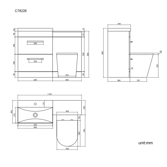 Avon Gloss White Combination Basin Drawer and Boston Toilet 1100mm - Black Accents