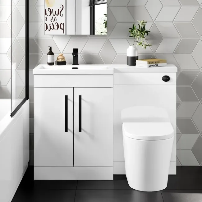 Avon Gloss White Combination Vanity Basin and Boston Toilet 1100mm - Black Accents - Left Handed