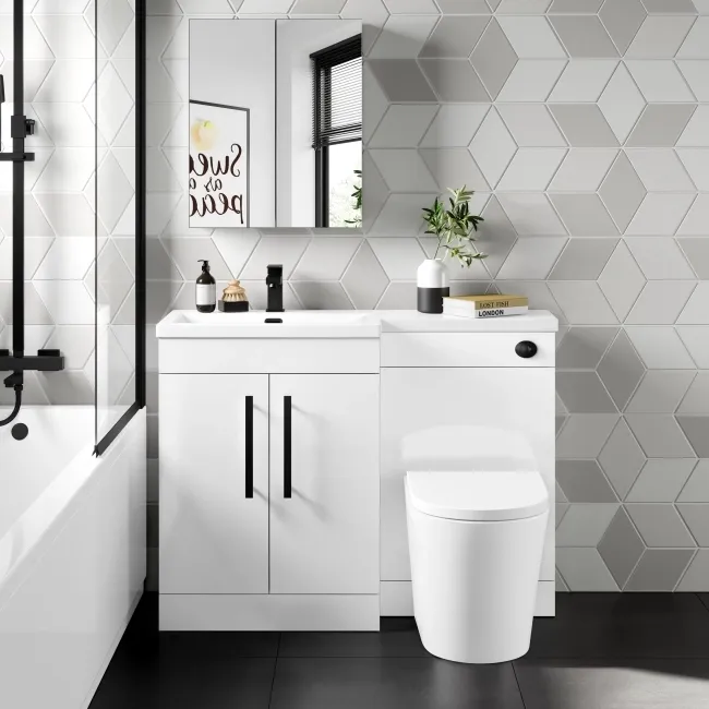 Avon Gloss White Combination Vanity Basin and Boston Toilet 1100mm - Black Accents - Left Handed