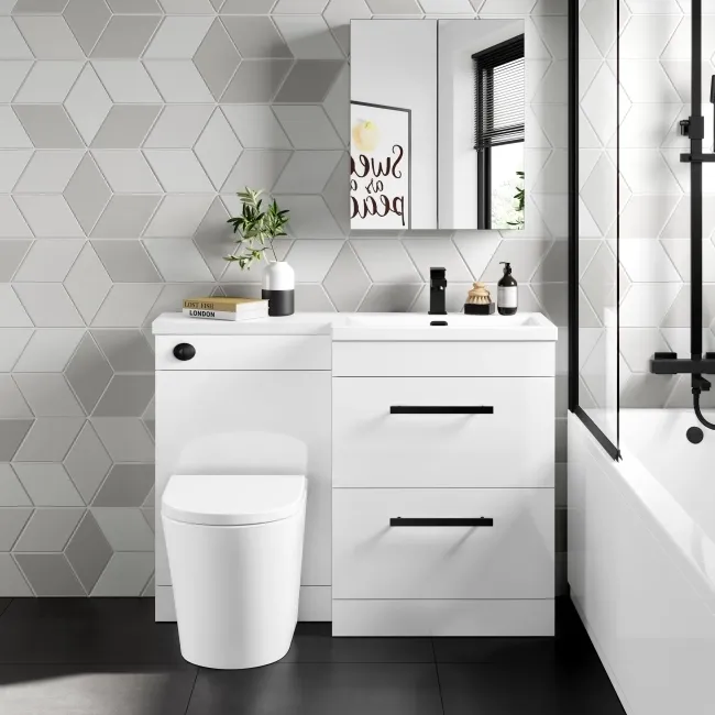 Avon Gloss White Combination Basin Drawer and Boston Toilet 1100mm - Black Accents - Right Handed