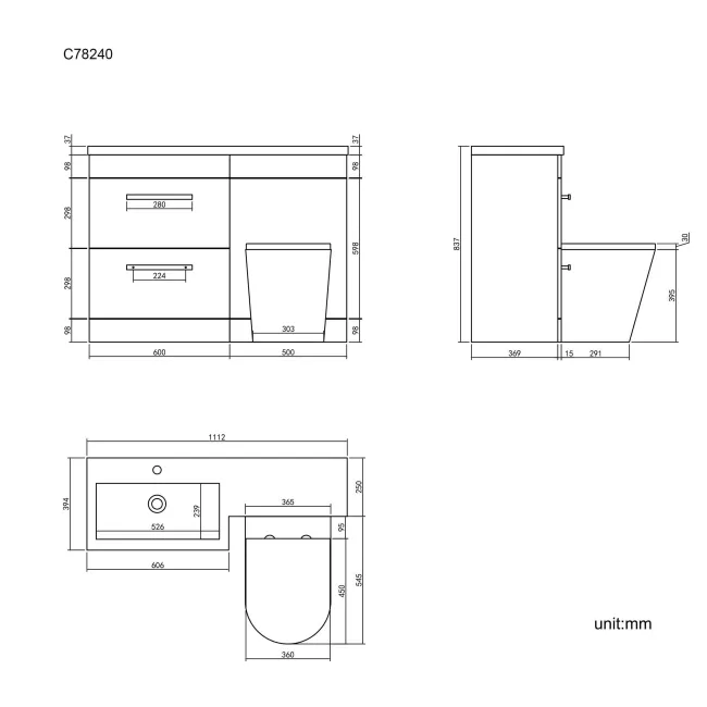 Avon Stone Grey Combination Basin Drawer and Boston Toilet 1100mm - Left Handed