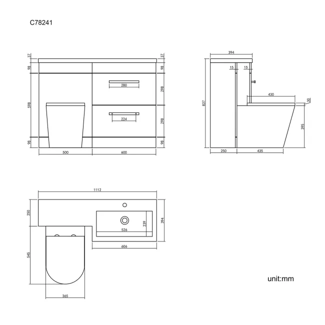 Avon Stone Grey Combination Basin Drawer and Boston Toilet 1100mm - Right Handed