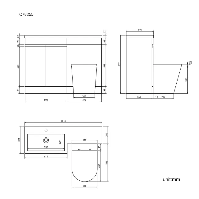 Trent Stone Grey Combination Vanity Basin and Boston Toilet 1100mm - Left Handed