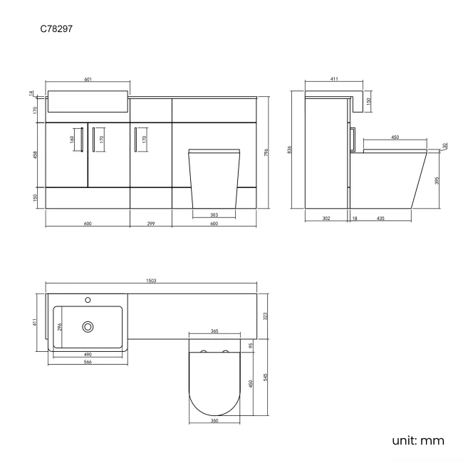 Harper Charcoal Elm Combination Vanity Basin with Marble Top & Boston Toilet 1500mm - Black Accents