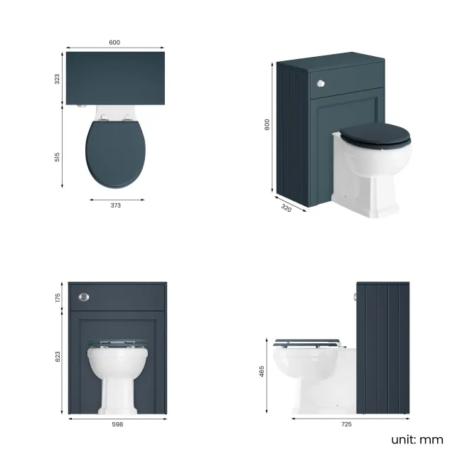 Traditional Inky Blue Back To Wall Unit and Hudson Toilet with Wooden Seat