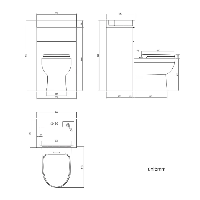 Ohio Stone Grey 2-In-1 Combined Wash Basin & Seattle Toilet 500mm