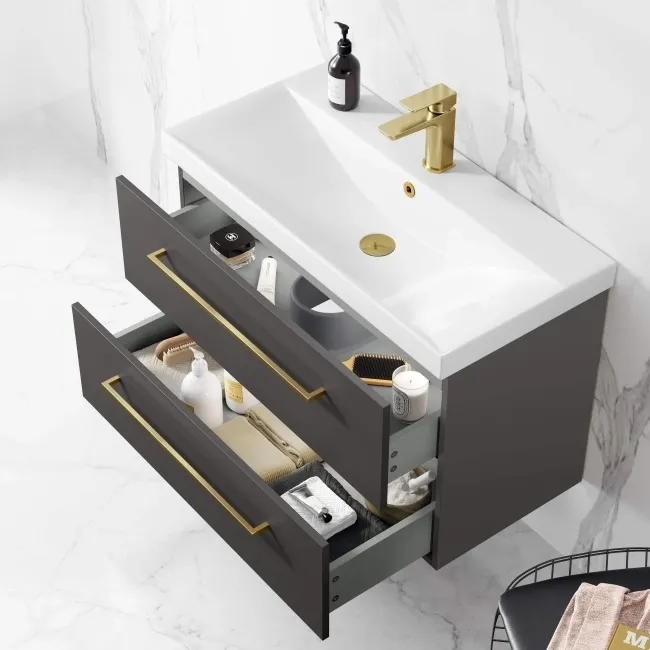 Elba Graphite Grey Wall Hung Basin Drawer Vanity 800mm - Brushed Brass Accents