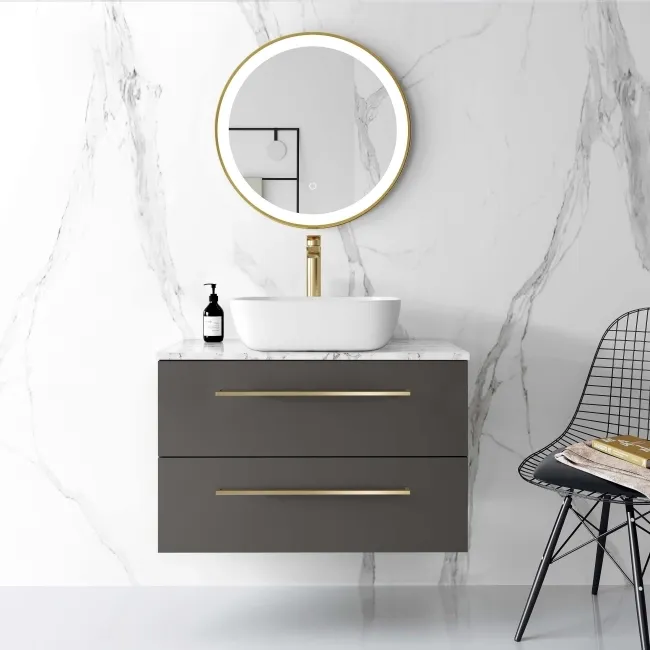 Elba Graphite Grey Wall Hung Drawer Vanity with Marble Top & Curved Counter Top Basin 800mm - Brushed Brass Accents