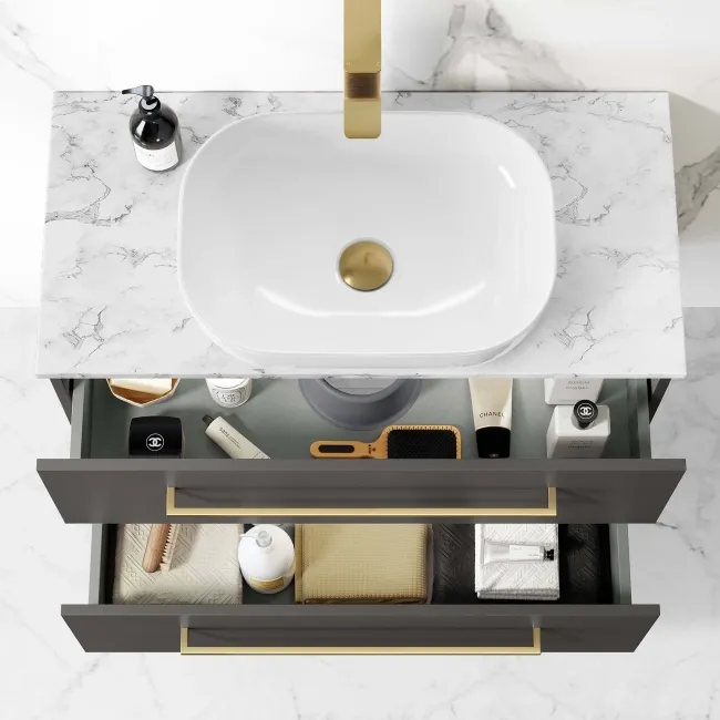 Elba Graphite Grey Wall Hung Drawer Vanity with Marble Top & Curved Counter Top Basin 800mm - Brushed Brass Accents