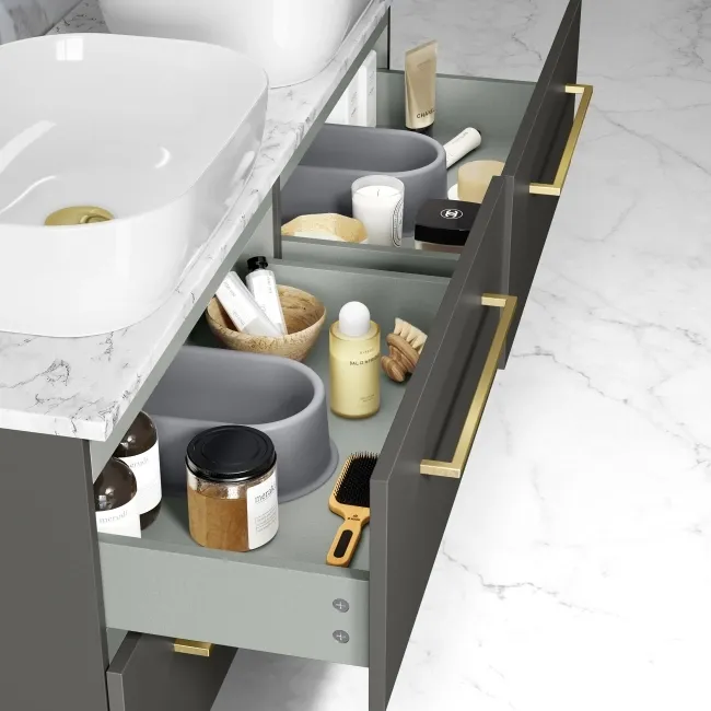 Elba Graphite Grey Double Wall Hung Drawer Vanity with Marble Top & Curved Basin 1200mm - Brushed Brass Accents