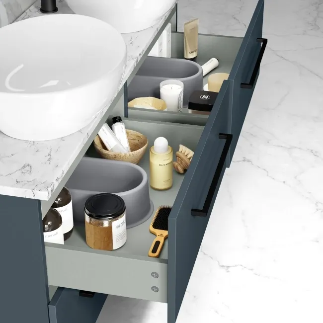 Elba Inky Blue Double Wall Hung Drawer Vanity with Marble Top & Oval Basin 1200mm - Black Accents