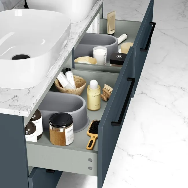 Elba Inky Blue Double Wall Hung Drawer Vanity with Marble Top & Curved Basin 1200mm - Black Accents