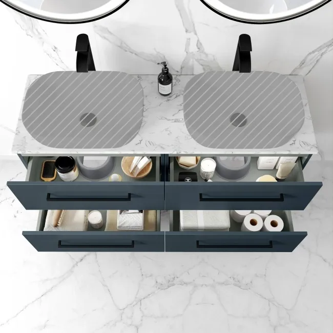 Elba Inky Blue Wall Hung Drawer with Marble Top 1200mm Excludes Basins - Black Accents