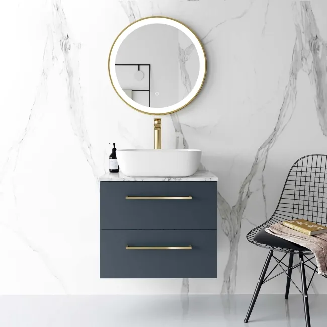 Elba Inky Blue Wall Hung Drawer Vanity with Marble Top & Curved Counter Top Basin 600mm - Brushed Brass Accents