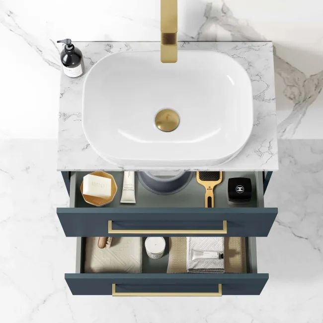 Elba Inky Blue Wall Hung Drawer Vanity with Marble Top & Curved Counter Top Basin 600mm - Brushed Brass Accents