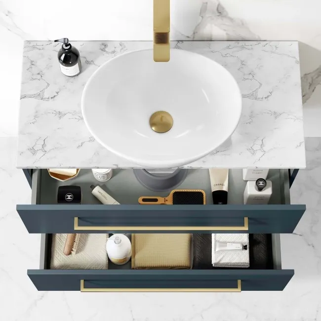 Elba Inky Blue Wall Hung Drawer Vanity with Marble Top & Oval Counter Top Basin 800mm - Brushed Brass Accents