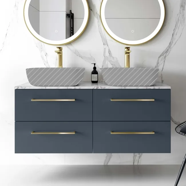 Elba Inky Blue Wall Hung Drawer with Marble Top 1200mm Excludes Basins - Brushed Brass Accents