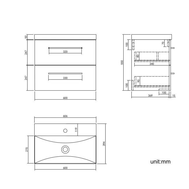 Elba Midnight Green Wall Hung Basin Drawer Vanity 600mm - Black Accents