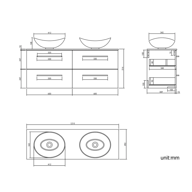Elba Midnight Green Double Wall Hung Drawer Vanity with Marble Top & Oval Basin 1200mm - Black Accents