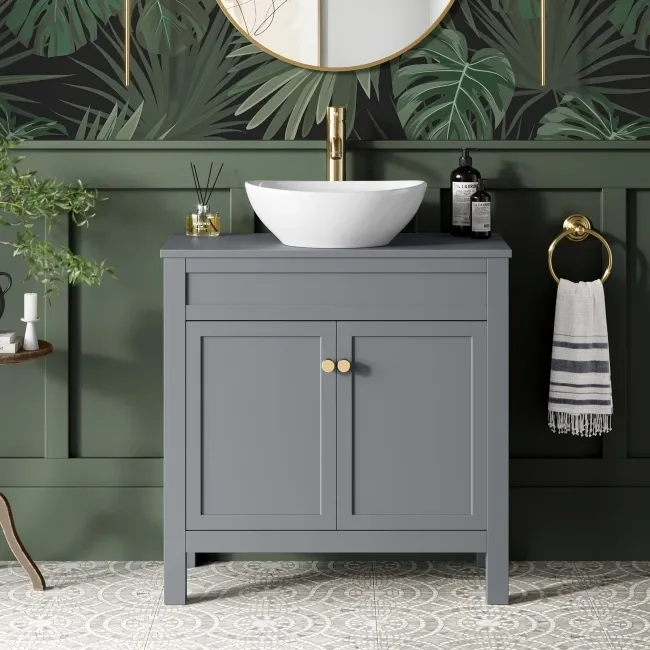 Bermuda Dove Grey Vanity with Oval Counter Top Basin 800mm - Brushed Brass Accents