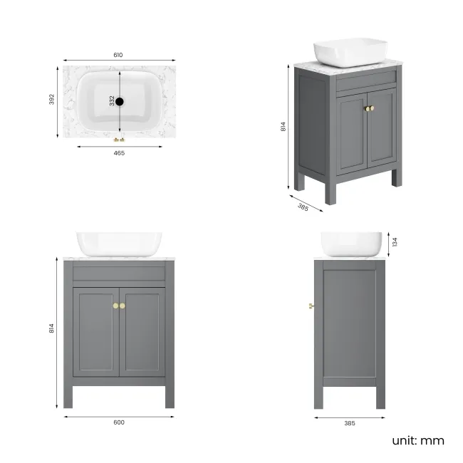 Bermuda Dove Grey Vanity with Marble Top & Curved Counter Top Basin 600mm - Brushed Brass Accents