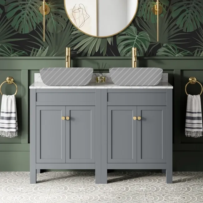 Bermuda Dove Grey Cabinet with Marble Top 1200mm Excludes Counter Top Basins - Brushed Brass Accents