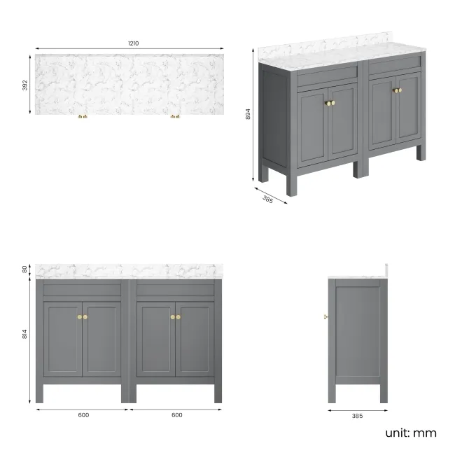 Bermuda Dove Grey Cabinet with Marble Top 1200mm Excludes Counter Top Basins - Brushed Brass Accents