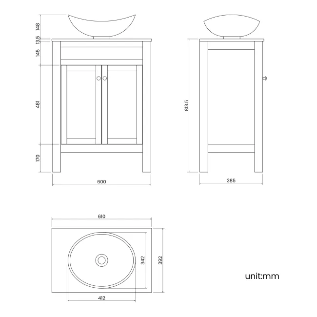 Bermuda Chalk White Vanity with Marble Top & Oval Counter Top Basin 600mm - Brushed Brass Accents