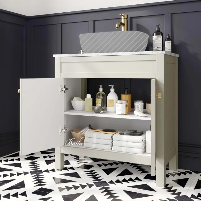 Bermuda Chalk White Cabinet with Marble Top 800mm Excludes Counter Top Basin - Brushed Brass Accents
