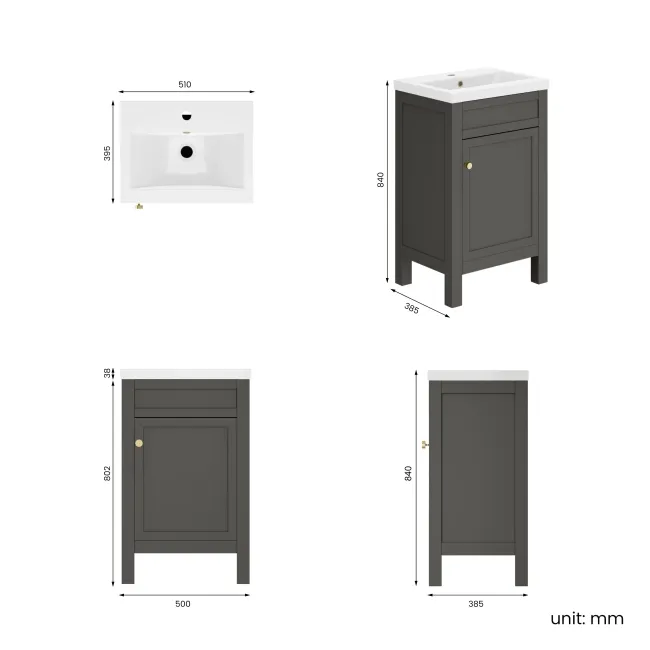 Bermuda Graphite Grey Basin Vanity 500mm - Brushed Brass Accents