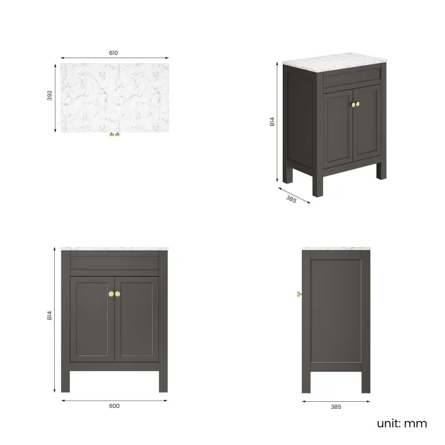 Bermuda Graphite Grey Cabinet with Marble Top 600mm Excludes Counter Top Basin - Brushed Brass Accents
