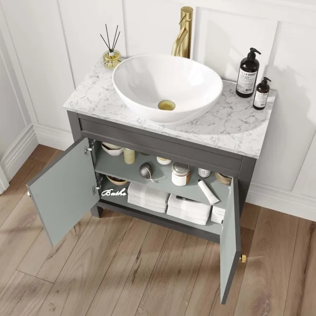 Bermuda Graphite Grey Vanity with Marble Top & Oval Counter Top Basin 800mm - Brushed Brass Accents