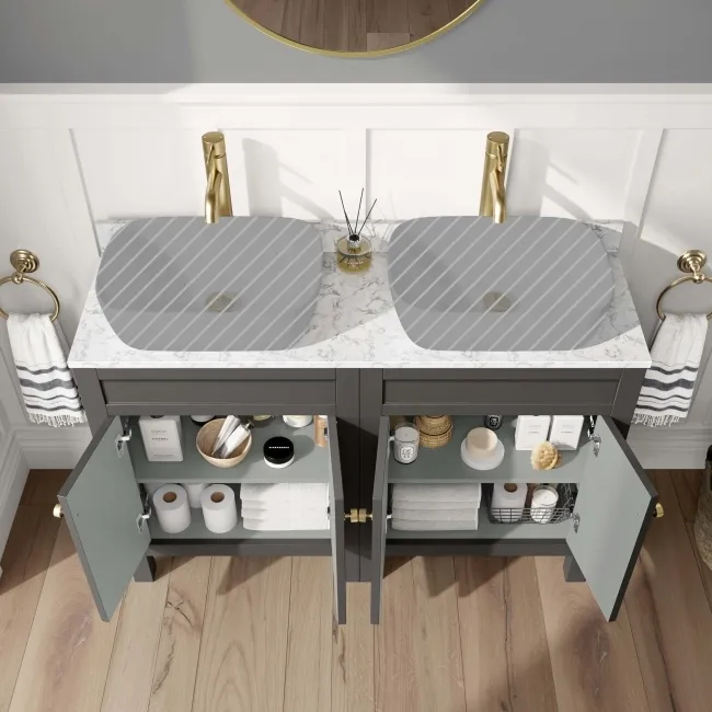 Bermuda Graphite Grey Cabinet with Marble Top 1200mm Excludes Counter Top Basins - Brushed Brass Accents