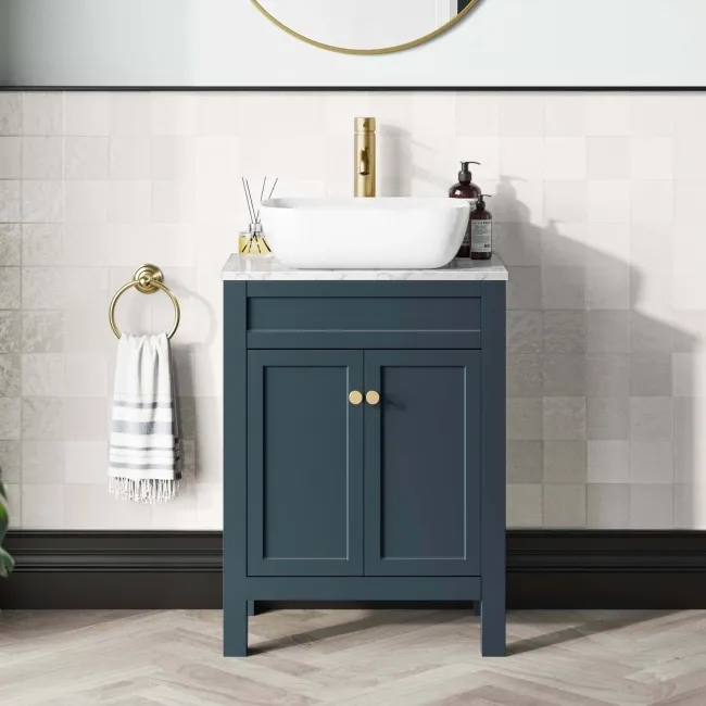 Bermuda Inky Blue Vanity with Marble Top & Curved Counter Top Basin 600mm - Brushed Brass Accents