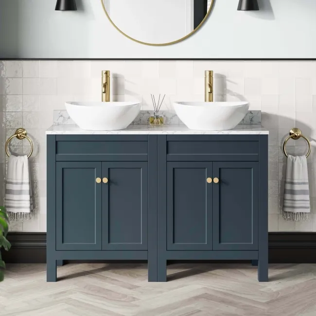 Bermuda Inky Blue Vanity with Marble Top & Oval Counter Top Basin 1200mm - Brushed Brass Accents