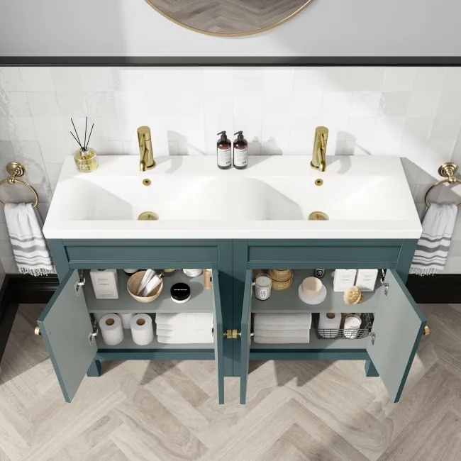Bermuda Midnight Green Double Basin Vanity 1200mm - Brushed Brass Accents