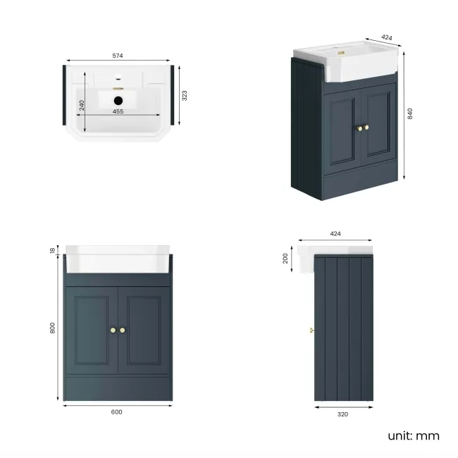 Monaco Inky Blue Traditional Basin Vanity 600mm - Brushed Brass Accents