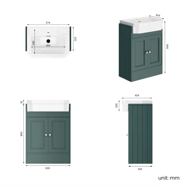 Monaco Midnight Green Traditional Basin Vanity 600mm - Brushed Brass Accents